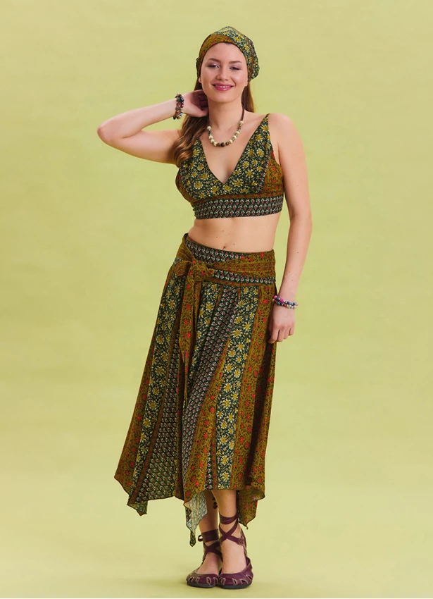 Green Patterned Asymmetrical Skirt with Gipe Detail and Tied Waist 4503